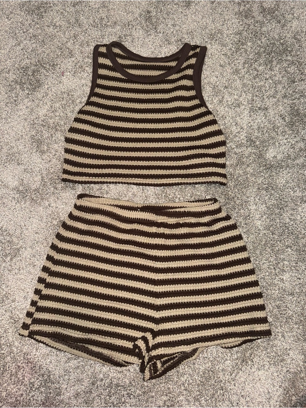 SHEIN Striped Crochet Knit Two-Piece Set Striped Crop Top in Brown & Cream Size